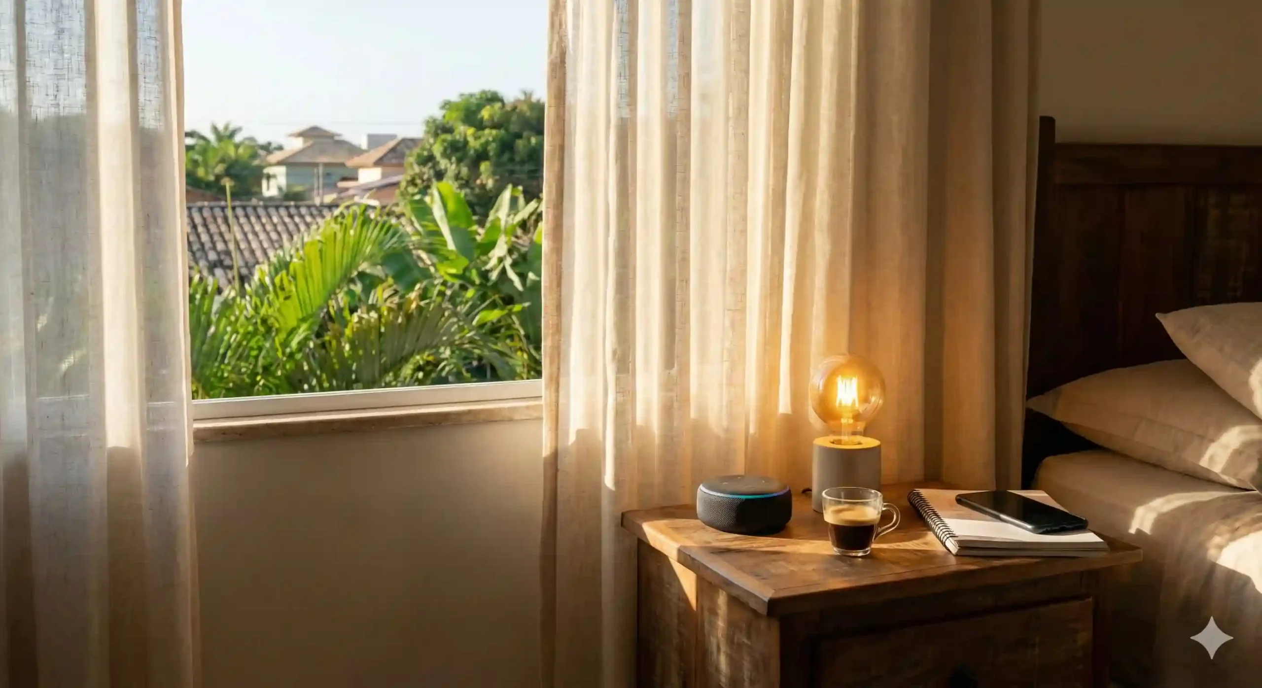 Echo Dot em cima de mesa de cabeceira com iluminação suave, ilustrando rotinas alexa para iniciantes