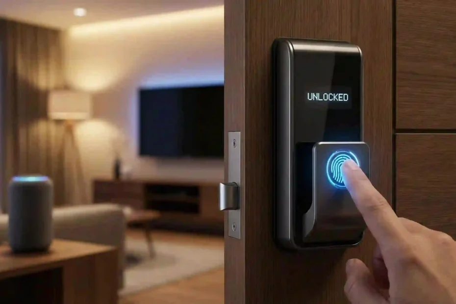 Guia visual sobre como escolher fechadura eletrônica inteligente segura instalada em porta de madeira.