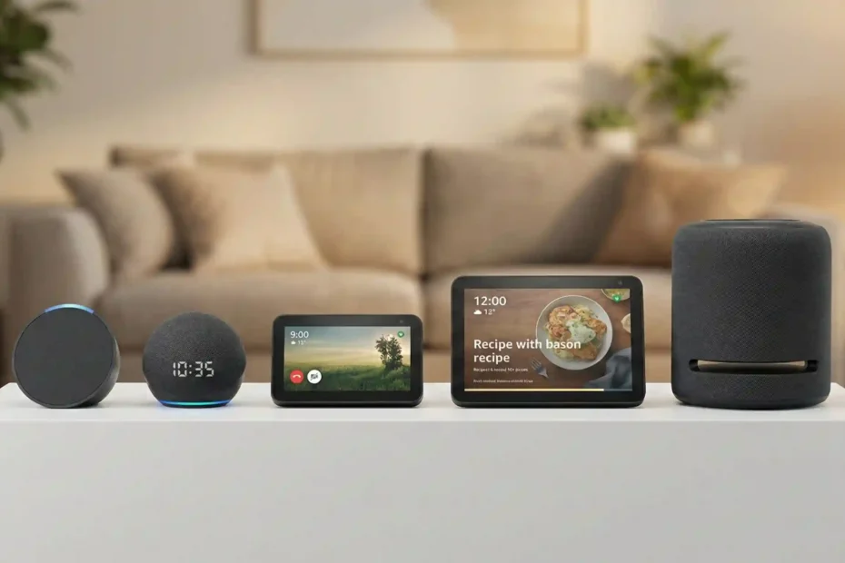 Linha completa de dispositivos Amazon Echo para comparação de qual a melhor Alexa