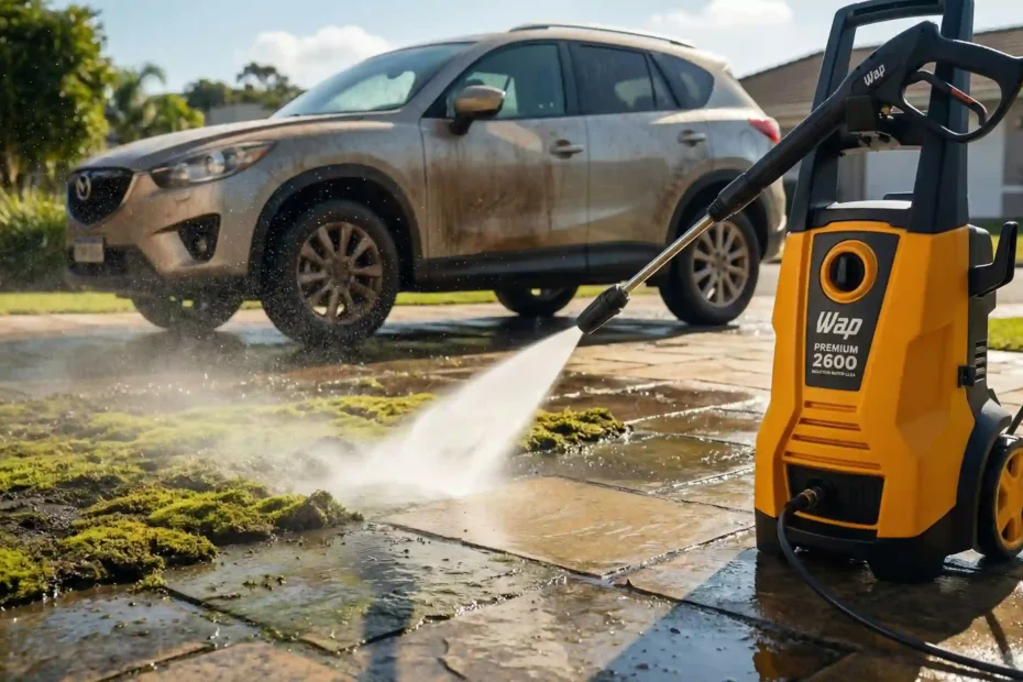 Lavadora WAP Premium 2600 amarela limpando piso de pedra encardido.