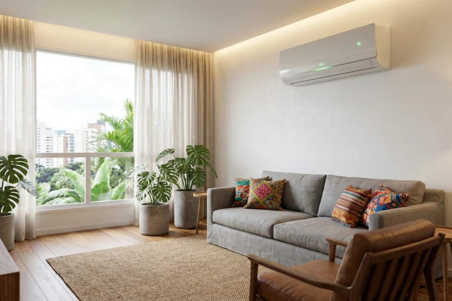 Sala de estar moderna brasileira com um aparelho de ar-condicionado split inverter silencioso instalado na parede branca acima de um sofá cinza.